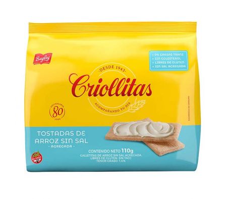 TOSTADA BAGLEY CRIOLLITAS ARROZ S/SAL 110GR