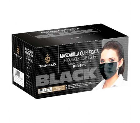 MASCARILLA QUIRURGICA T-SHIELD 3PLIEGUES NEGRO 50U