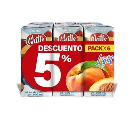 PACK X 6 JUGO WATTS DURAZNO LIGHT 200ML