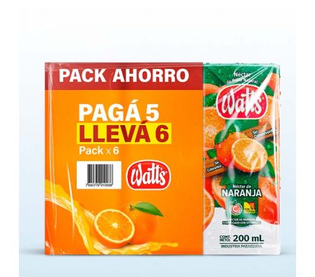 PACK DE JUGO WATTS NARANJA PAGUE 5 LLEVE 6 200 ML