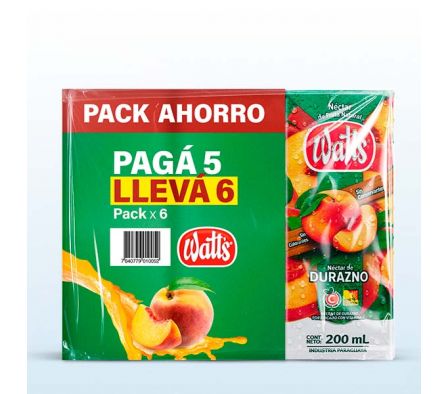 PACK DE JUGO DURAZNO WATTS PAGUE 5 LLEVE 6 200 ML
