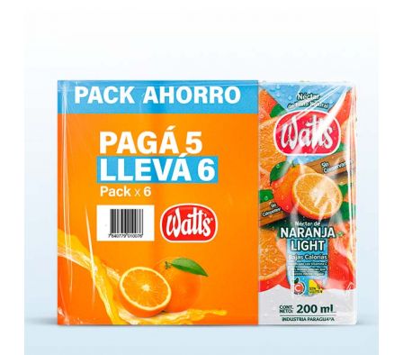 PACK JUGO NARANJA LIGHT WATTS PAGUE 5 LLEVE6 200ML